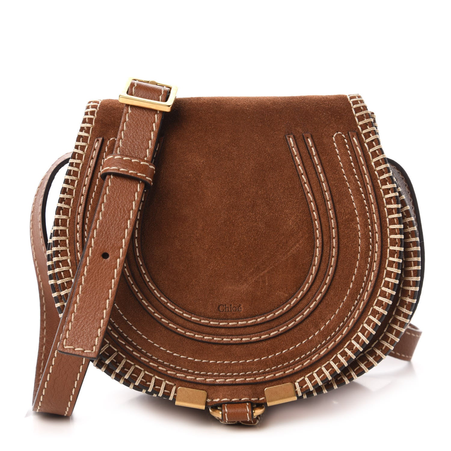 Chloe Suede Calfskin Stitched Small Marcie Round Crossbody Bag Tan 1 of 9
