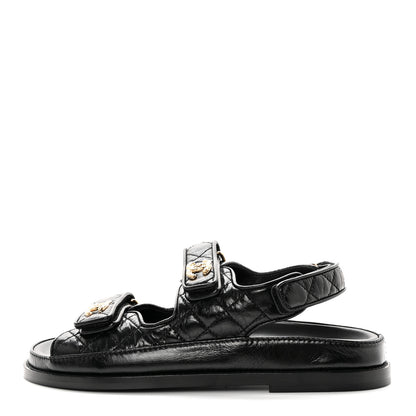 Chanel Shiny Calfskin Velcro Dad Sandals 37.5 Black 1 of 10