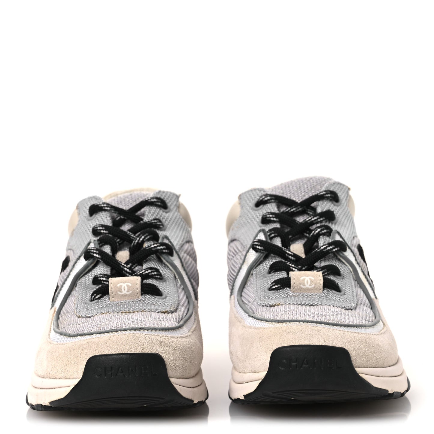 Mesh Suede Calfskin Grained Calfskin Womens CC Sneakers 37 Grey White