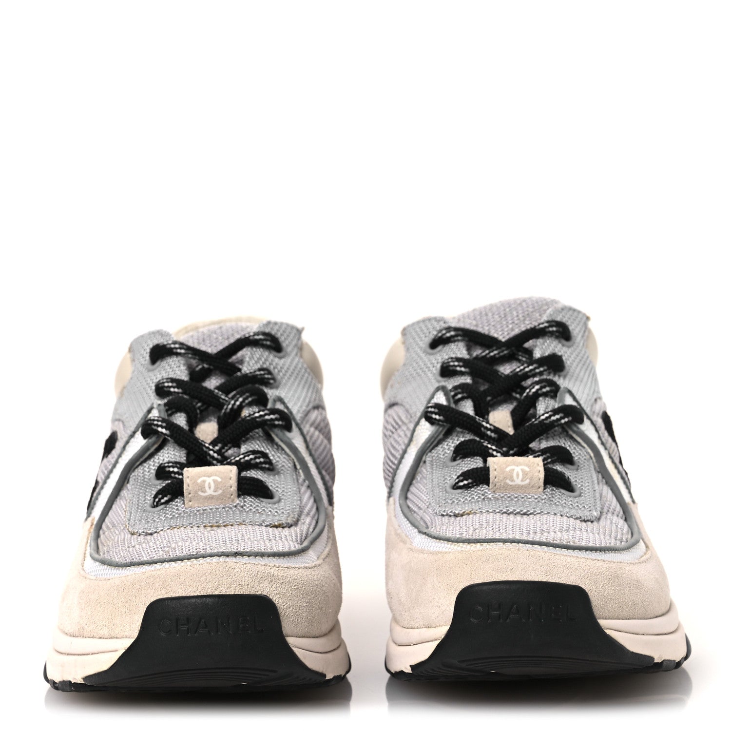 Chanel Mesh Suede Calfskin Grained Calfskin Womens CC Sneakers 37 Grey White 3 of 17