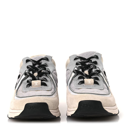 Chanel Mesh Suede Calfskin Grained Calfskin Womens CC Sneakers 37 Grey White 3 of 17
