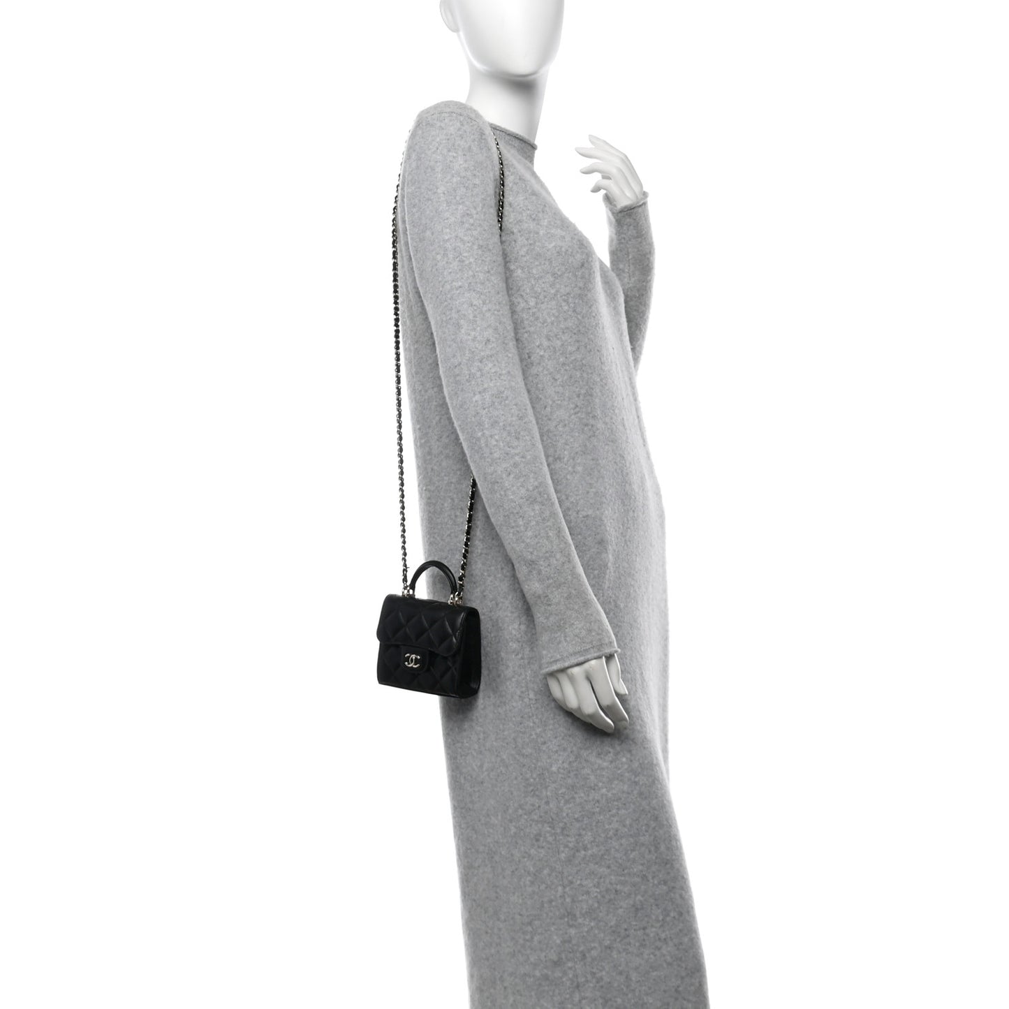 Lambskin Quilted Top Handle Flap Clutch With Chain Black