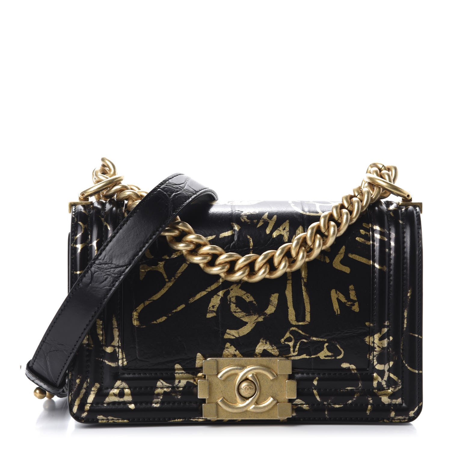 Chanel Calfskin Crocodile Embossed Graffiti Cocodile Small Boy Flap Black Gold 1 of 11