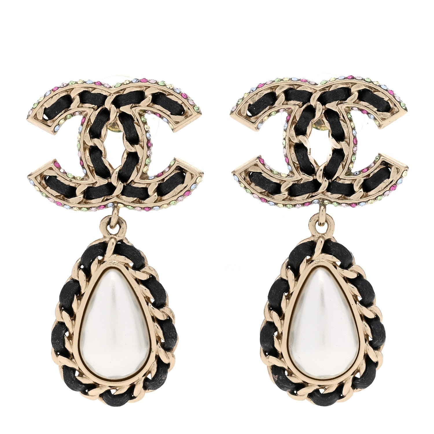Chanel Lambskin Crystal Pearl CC Drop Earrings Gold Pearly White Black Multicolor 1 of 5