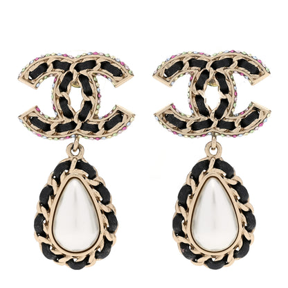 Chanel Lambskin Crystal Pearl CC Drop Earrings Gold Pearly White Black Multicolor 1 of 5