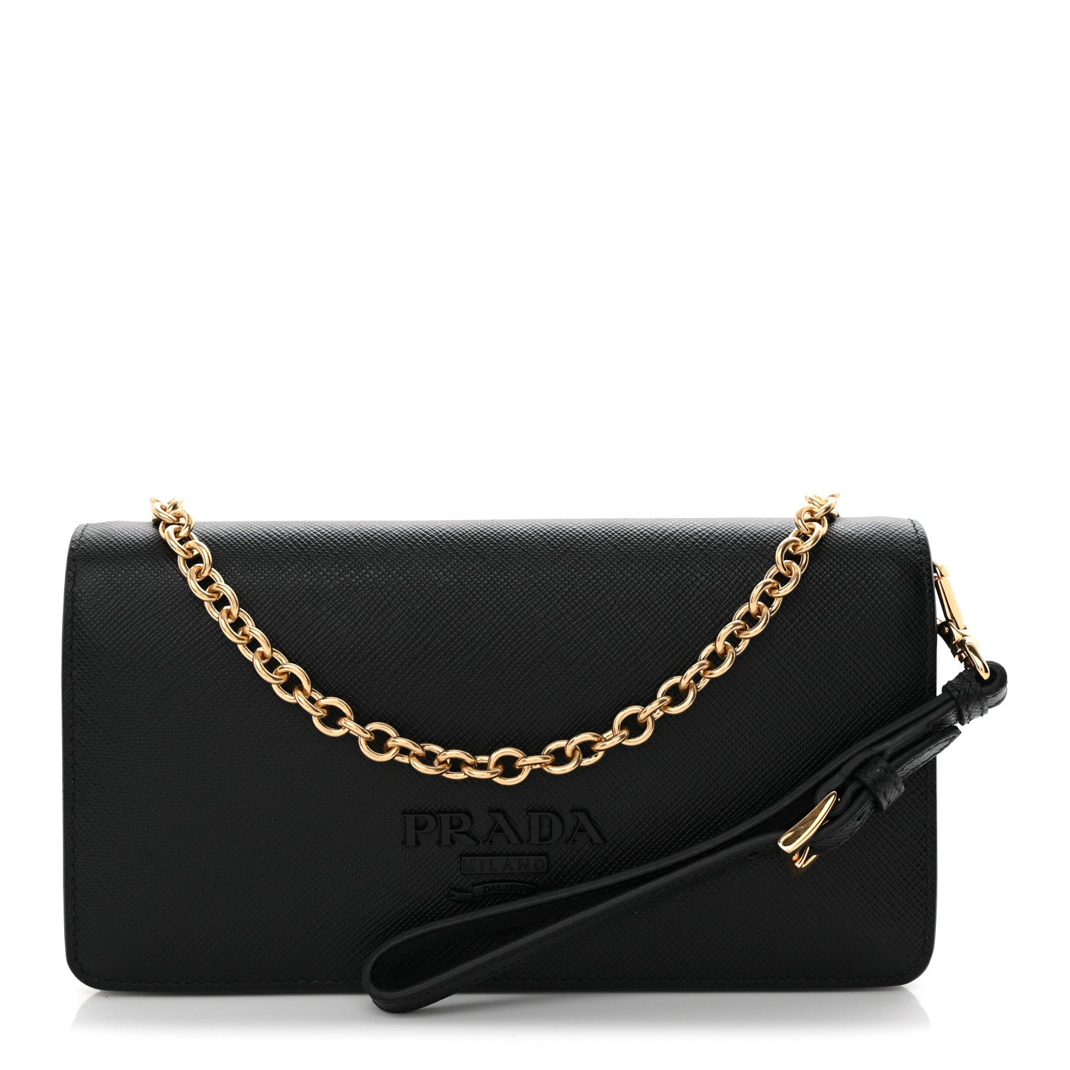 Prada Saffiano Shine Monochrome Mini Flap Crossbody Wristlet Bag Black 1 of 8