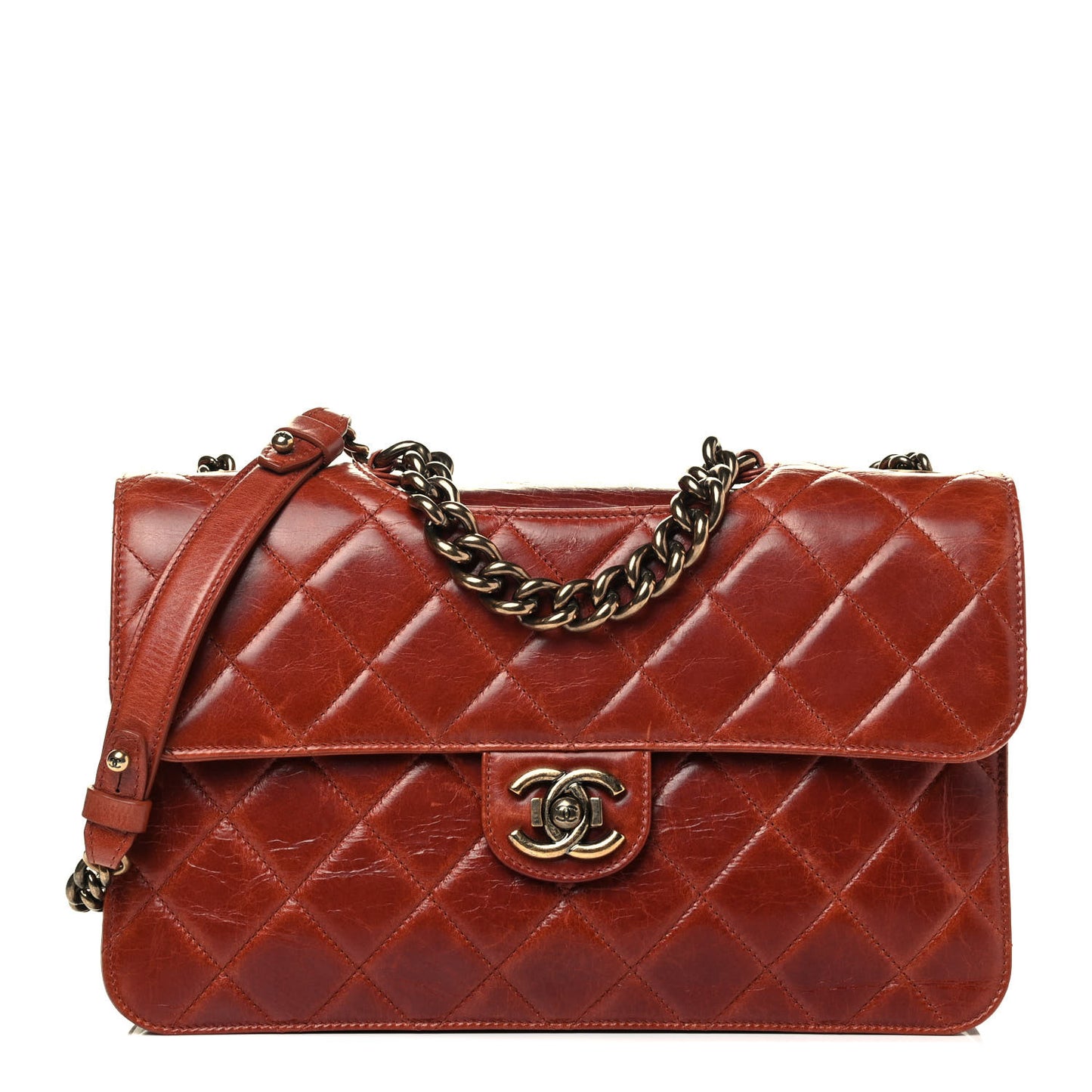Glazed Calfskin Quilted Large Perfect Edge Flap Camel