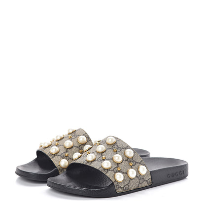 Gucci GG Supreme Monogram Pearls Slide Sandals 36 Beige 3 of 7