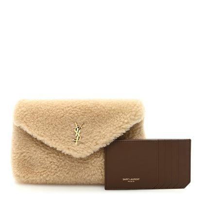 Saint Laurent Shearling Quilted Monogram Loulou Puffer Pouch Clutch Natural Beige Brick 1 of 11