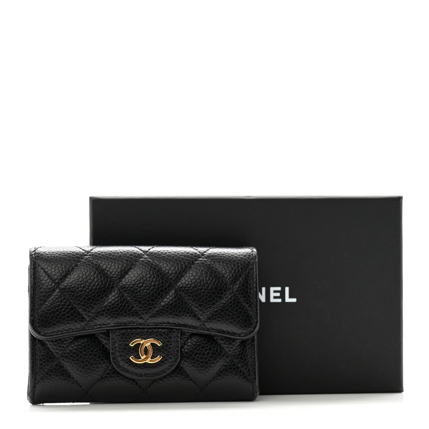 Caviar Quilted Flap Card Holder Wallet Black