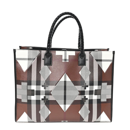 Burberry E-Canvas Calfskin Geometric Check Tote Hand Bag Brown White Black 1 of 10