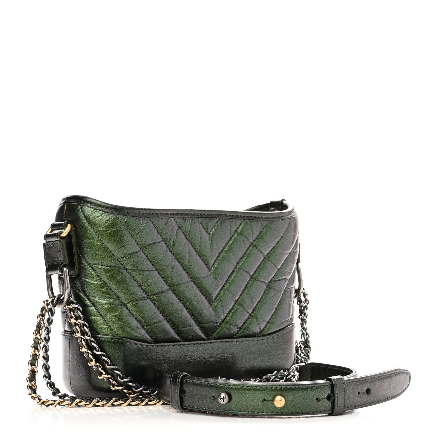 Chanel Metallic Calfskin Chevron Quilted Small Gabrielle Hobo Green 3 of 11