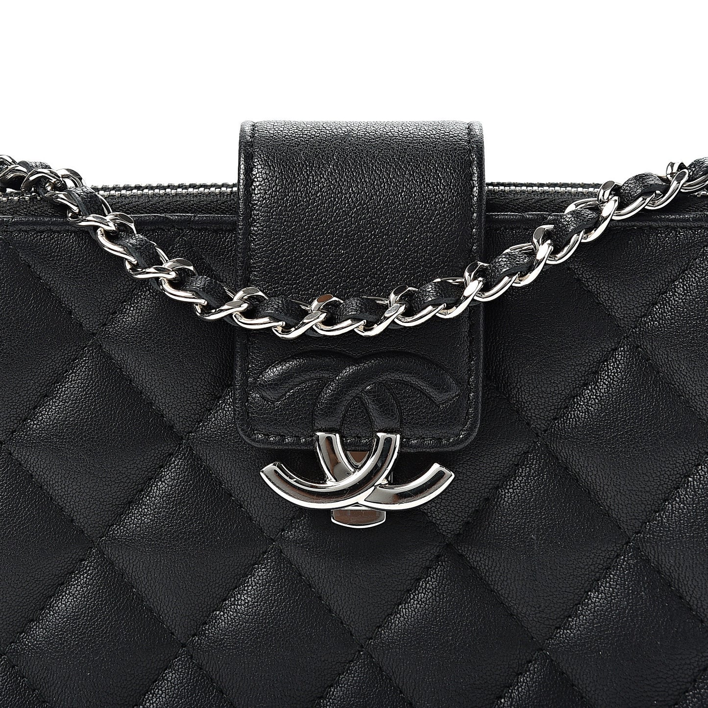 Goatskin Quilted CC Box Clutch With Chain Black