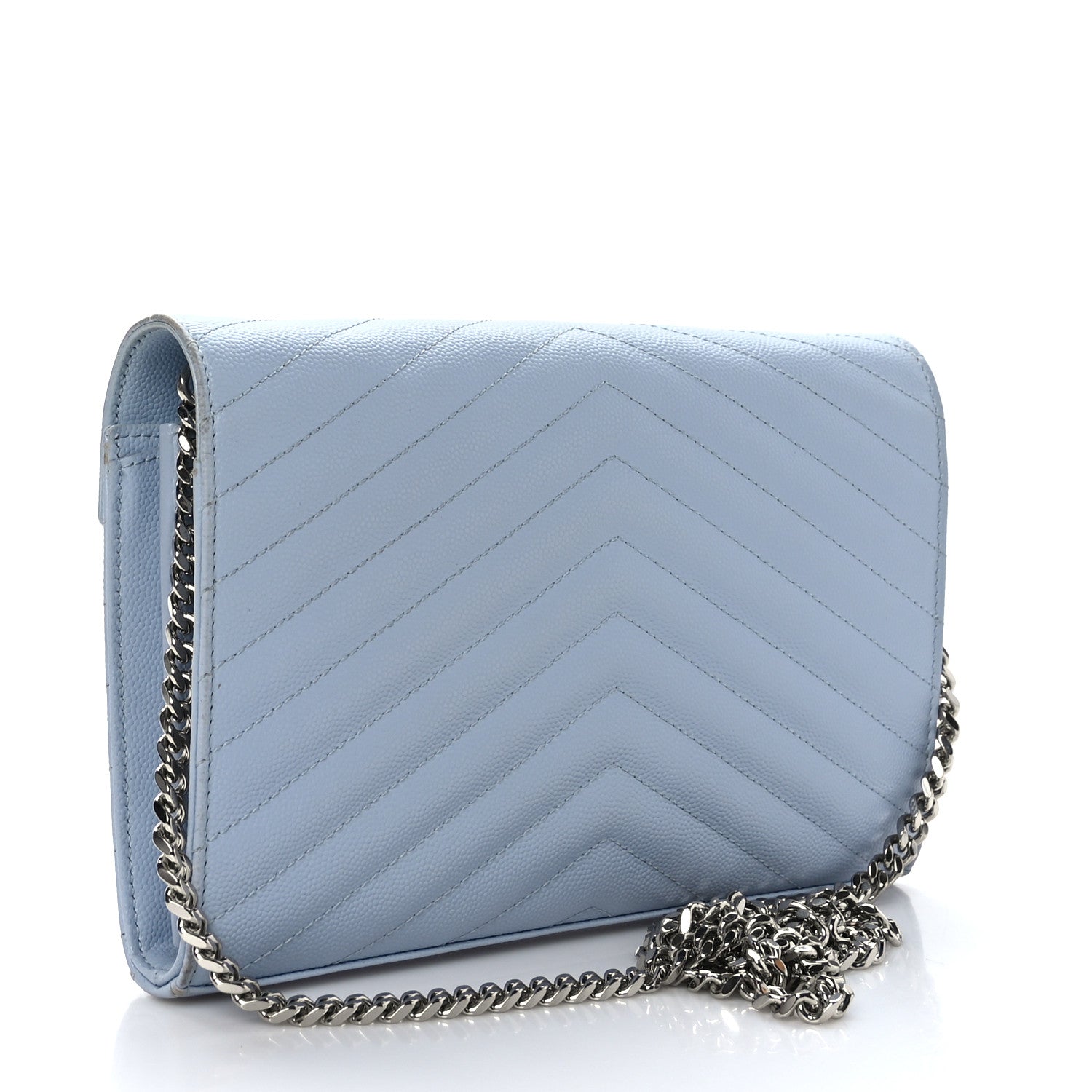 Saint Laurent Grain De Poudre Matelasse Chevron Monogram Chain Wallet Sky Blue 3 of 11