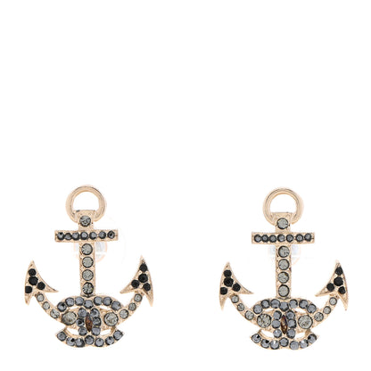 Chanel Crystal CC Anchor Earrings Gold Black Grey 1 of 5
