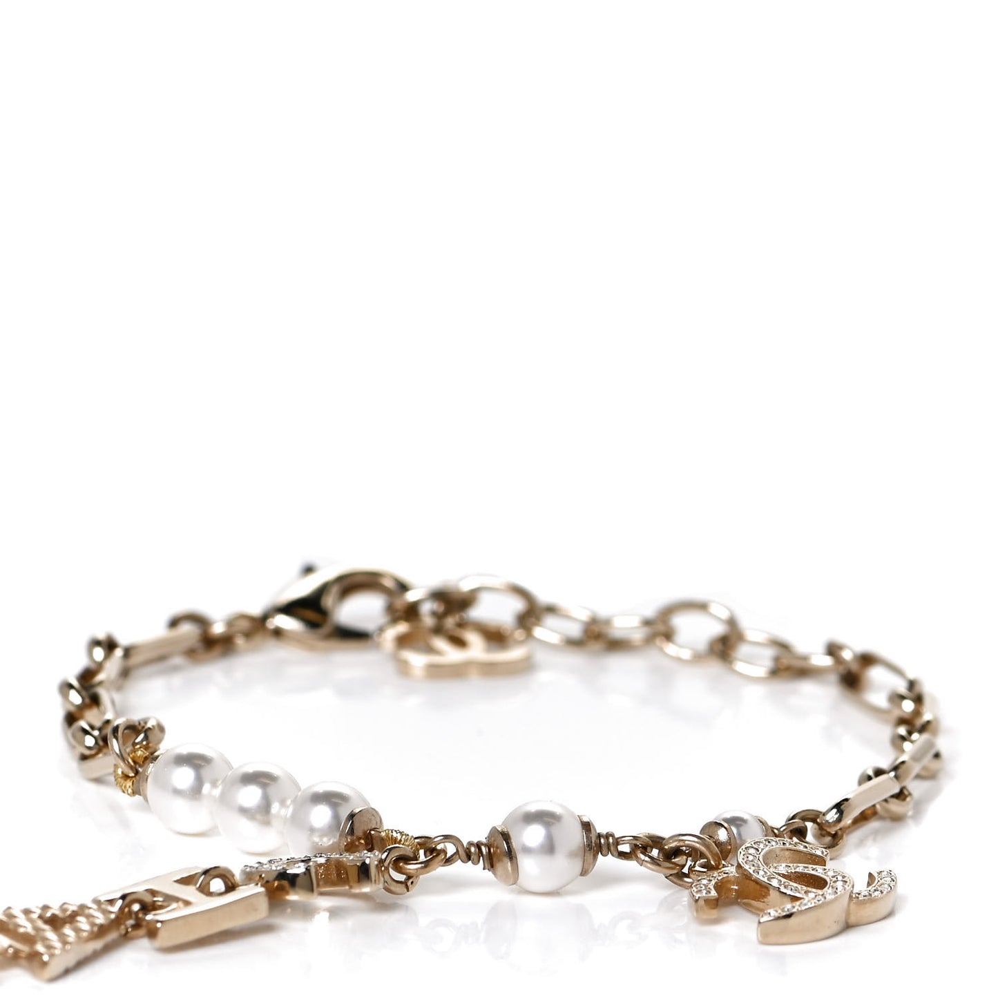 Pearl Crystal Logo Ring Chain Bracelet Gold