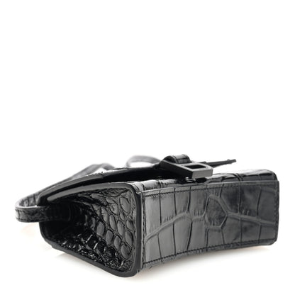Balenciaga Shiny Calfskin Monochrome Crocodile Embossed Hourglass Top Handle Bag Mini Black 4 of 9