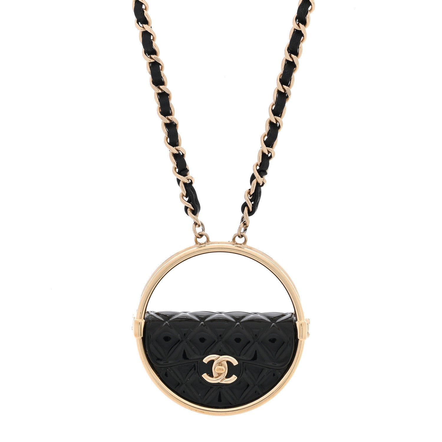 Chanel Metal Resin Quilted Flap Bag Hoop Mirror Necklace Black Gold 1 of 5