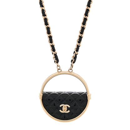 Chanel Metal Resin Quilted Flap Bag Hoop Mirror Necklace Black Gold 1 of 5