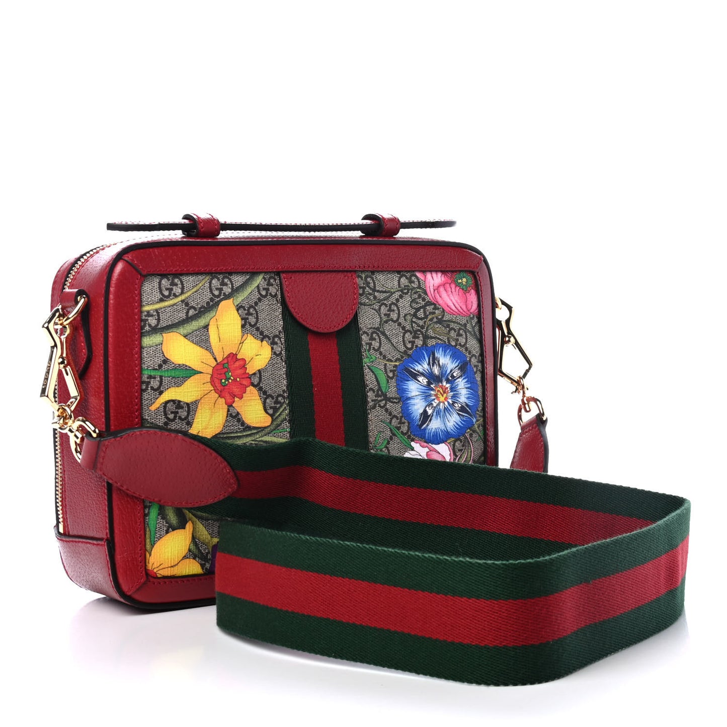 GG Supreme Monogram Flora Web Small Ophidia Top Handle Shoulder Bag Hibiscus Red