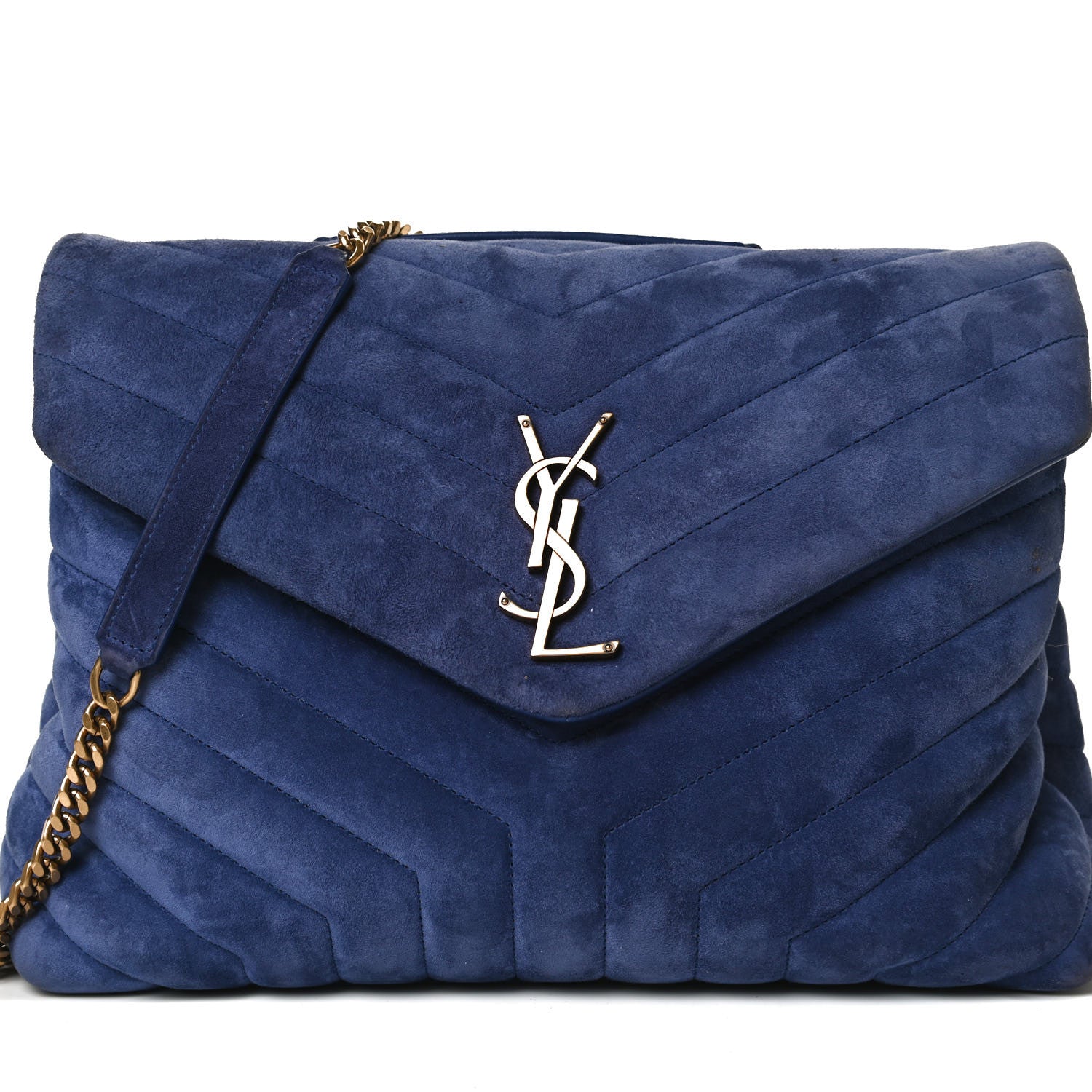 Saint Laurent Suede Y Quilted Monogram Medium Loulou Chain Satchel Blue 9 of 17