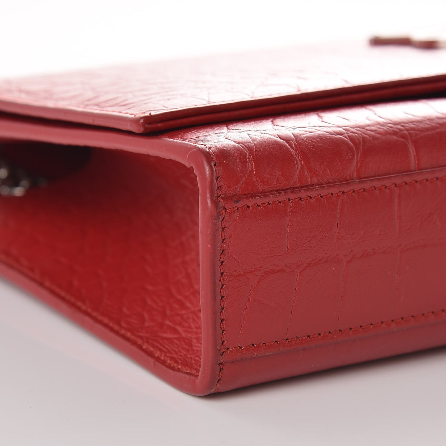 Calfskin Crocodile Embossed Medium Classic Monogram Kate Tassel Satchel Red