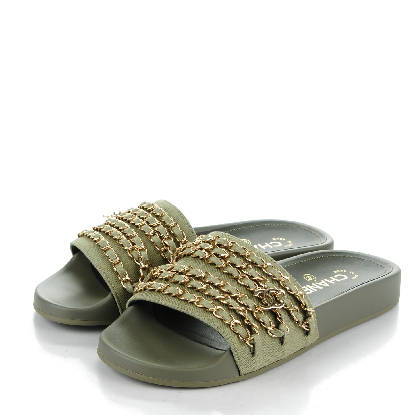 Lambskin Canvas Chain Flat Sandals 37 Khaki