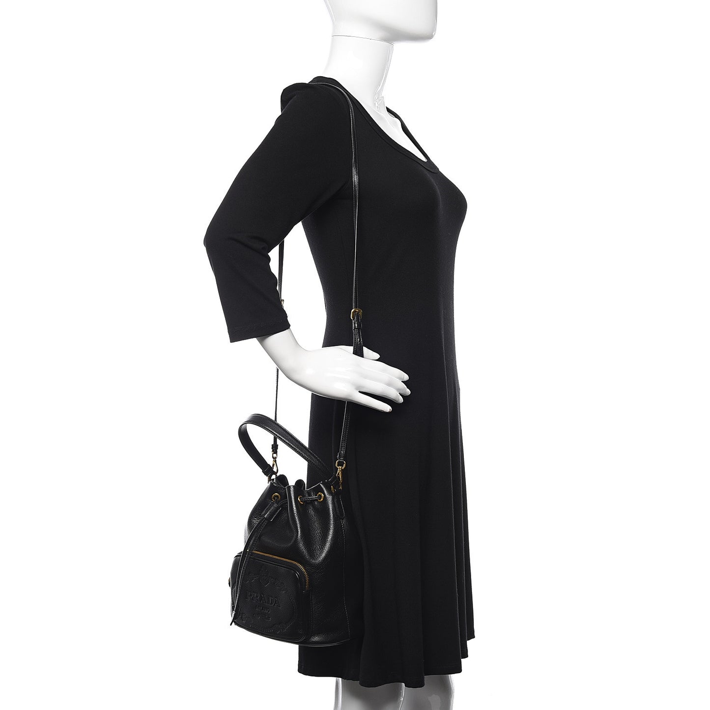 Glace Calfskin Embossed Bucket Bag Black
