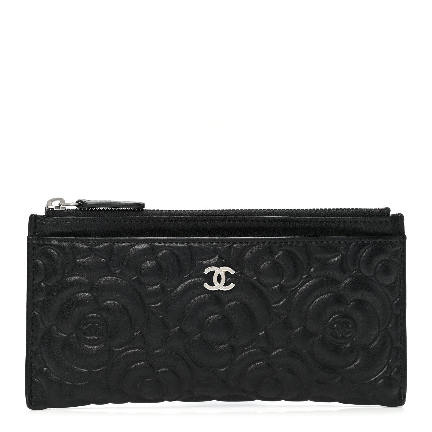 Chanel Goatskin Camellia Embossed Zip Pouch Black 1 of 9
