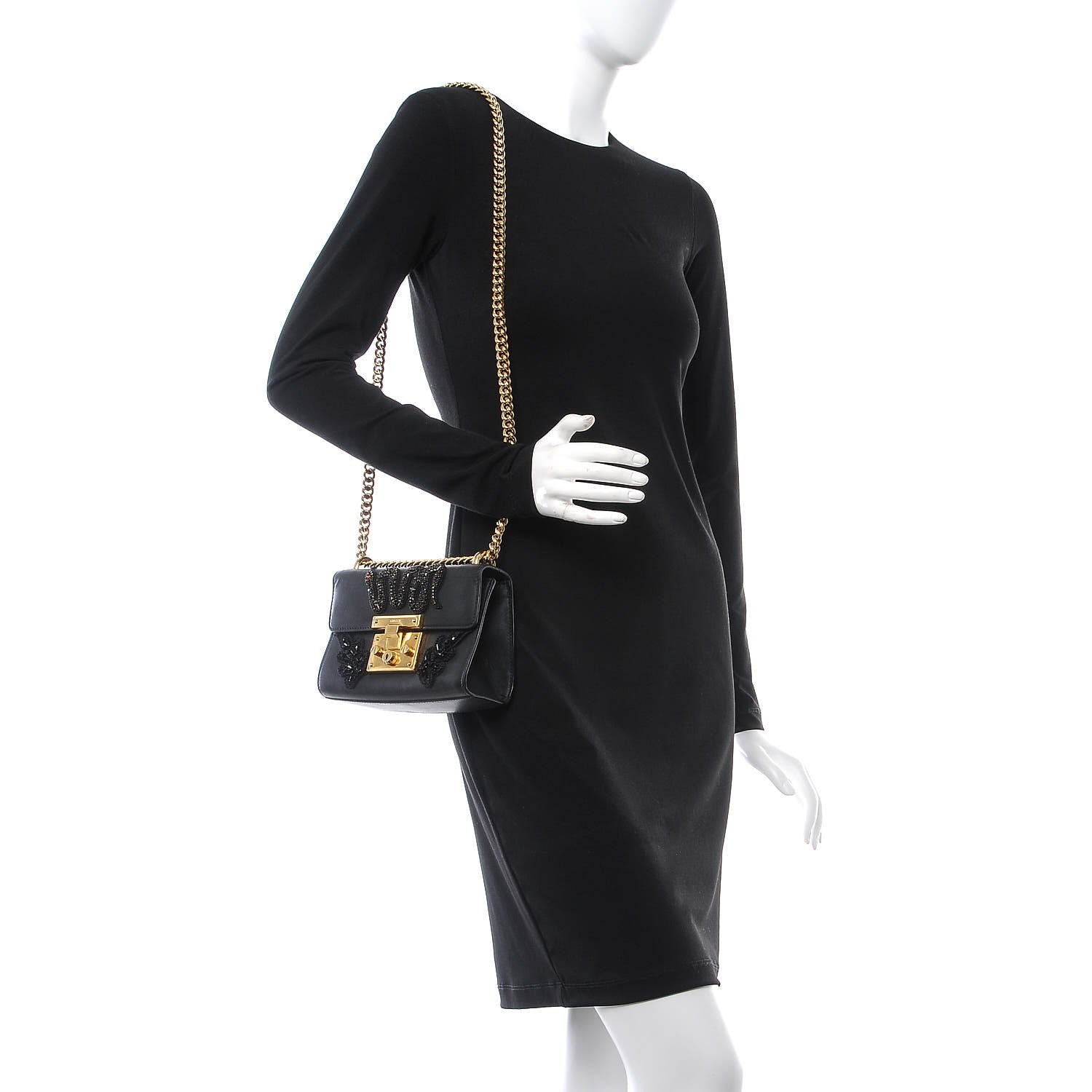 Gucci Calfskin Crystal Snake Embroidered Small Padlock Shoulder Bag Black 2 of 11