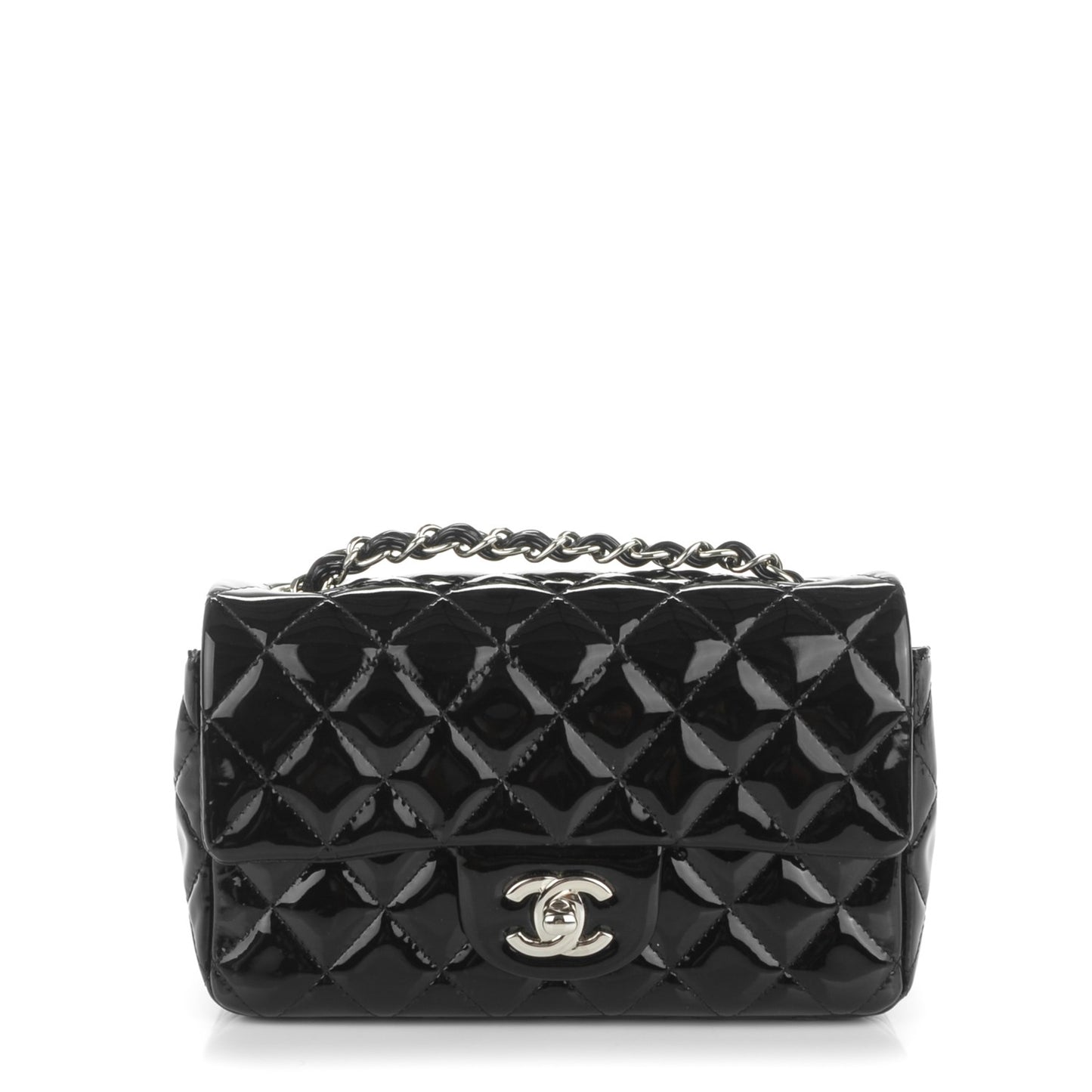 Patent Calfskin Quilted Mini Rectangular Flap Black