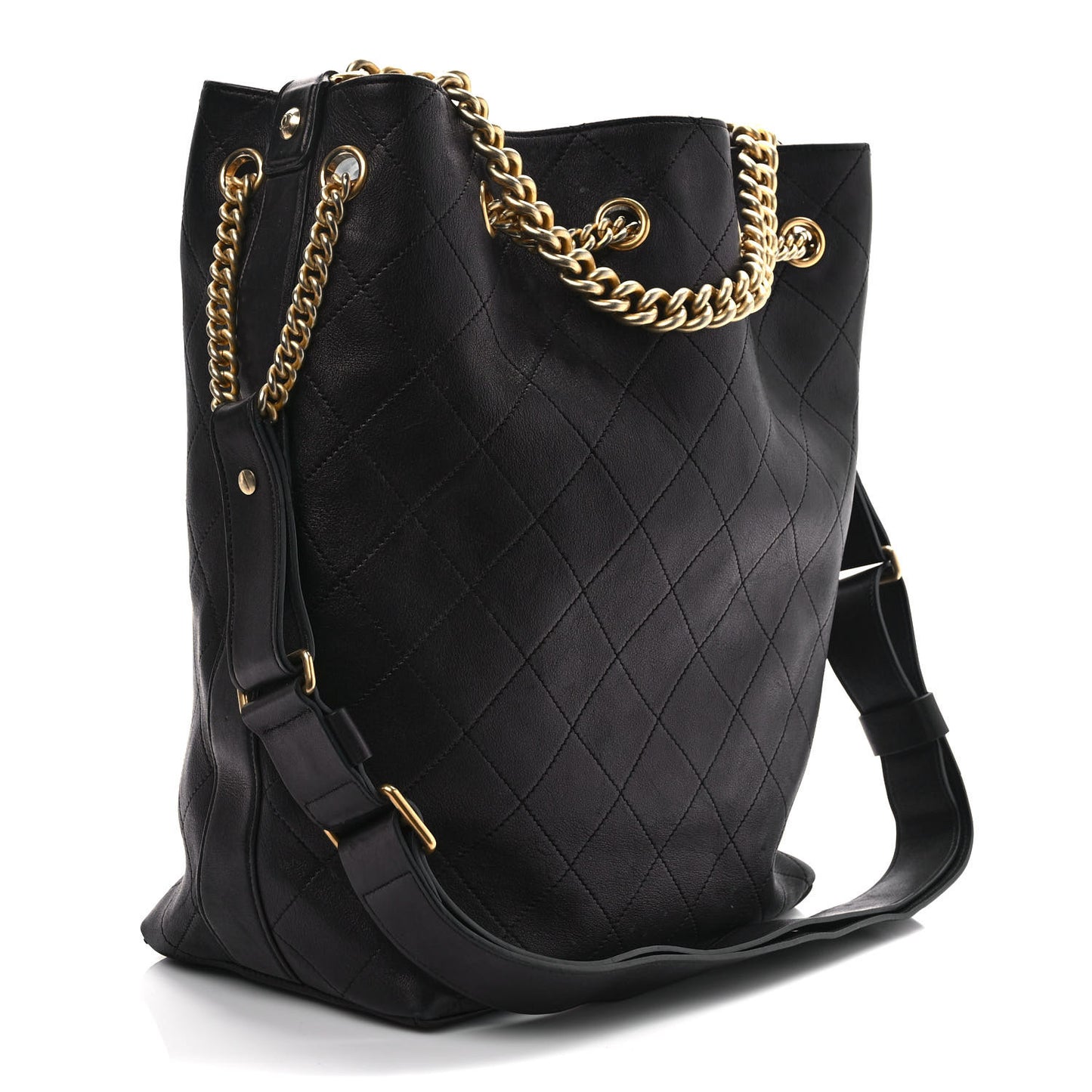Lambskin Stitched Drawstring Bucket Bag Black