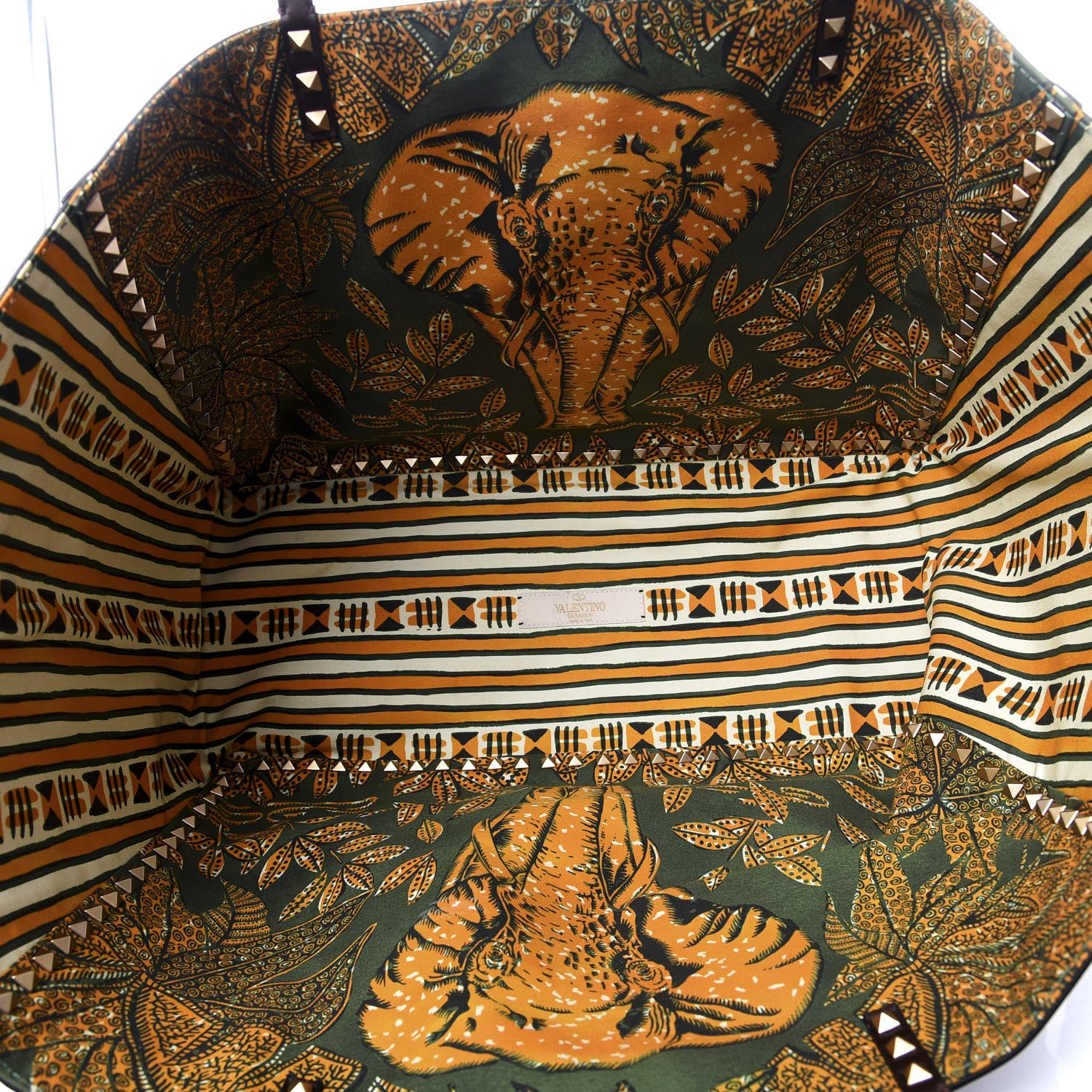 Valentino Garavani Calfskin Canvas Elephant Embossed Medium Rockstud Reversible Tote Brown 8 of 16