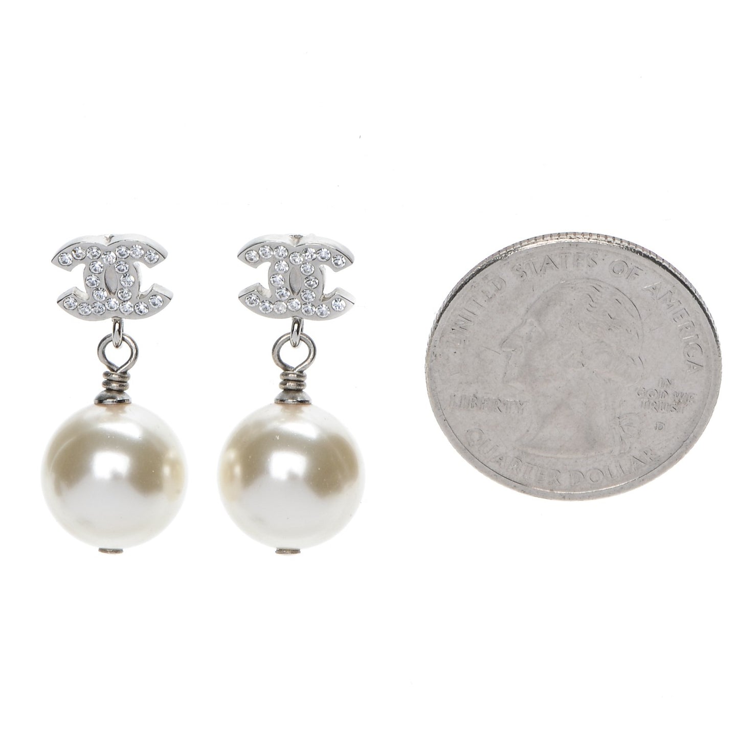 Crystal Pearl CC Drop Earrings Silver