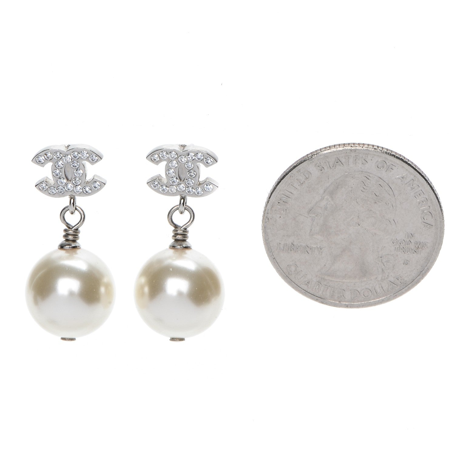 Chanel Crystal Pearl CC Drop Earrings Silver 2 of 5