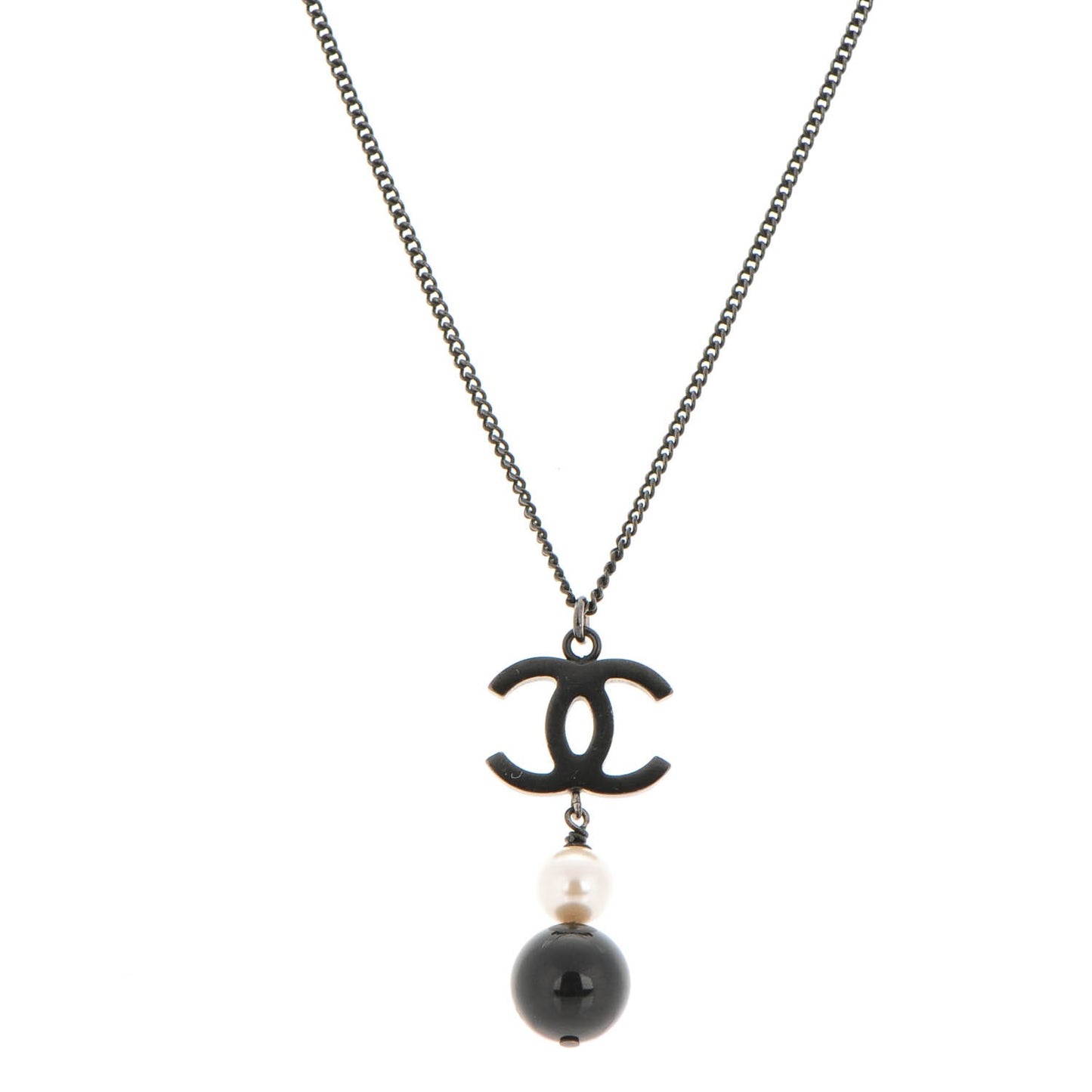 Ruthenium Pearl CC Drop Pendant Necklace Black