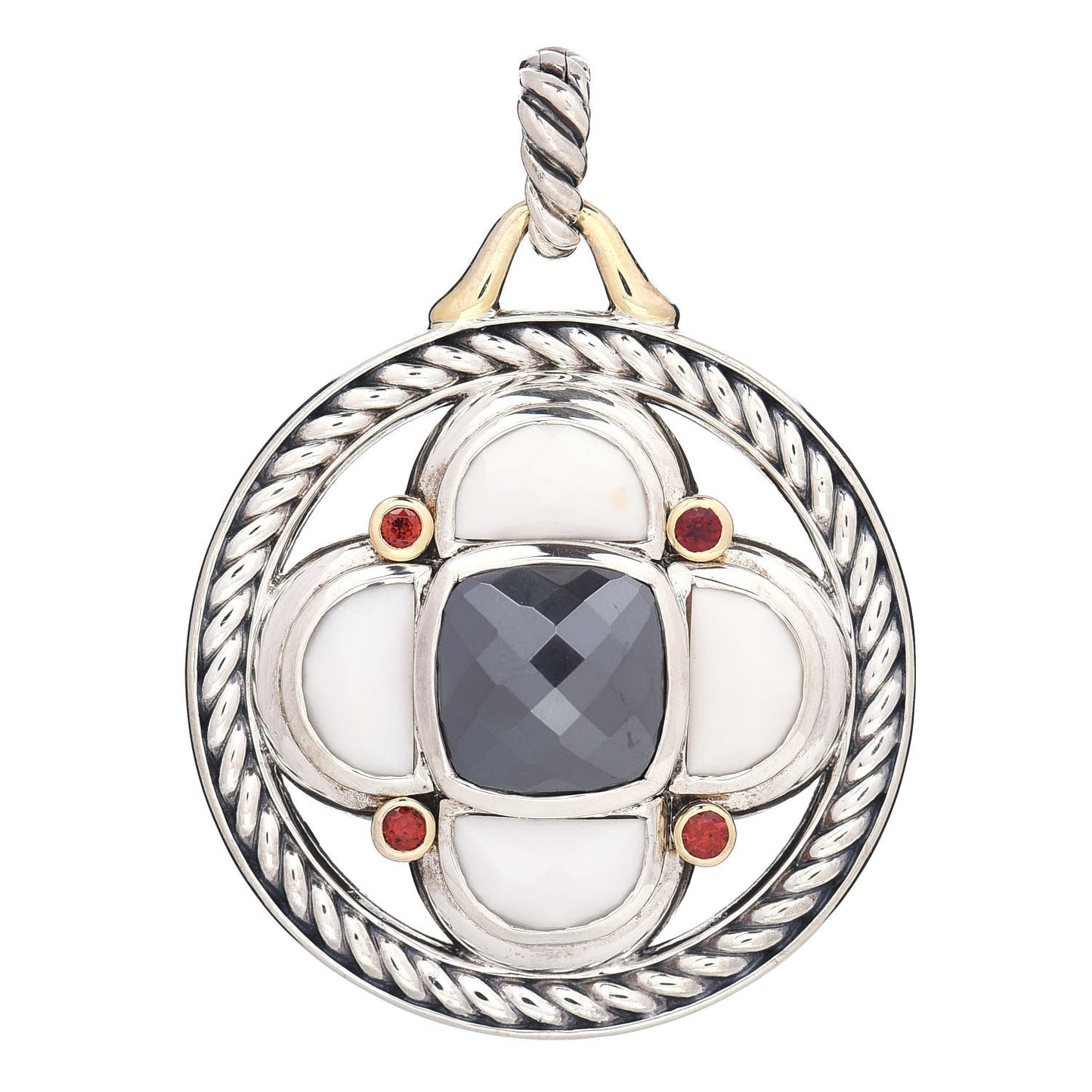 Sterling Silver 18K Yellow Gold White Agate Hematite Garnet Half Moon Renaissance Enhancer Pendant