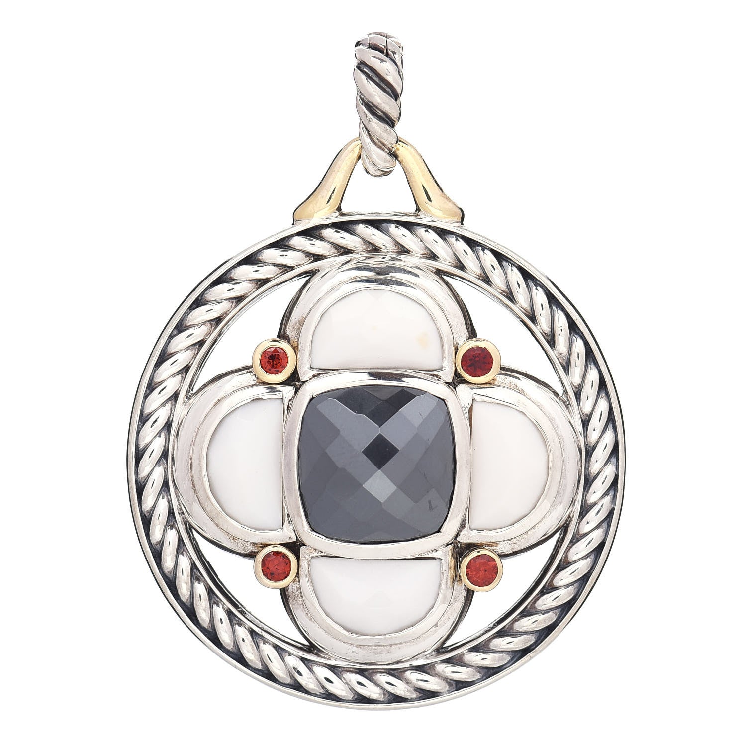 David Yurman Sterling Silver 18K Yellow Gold White Agate Hematite Garnet Half Moon Renaissance Enhancer Pendant 1 of 3