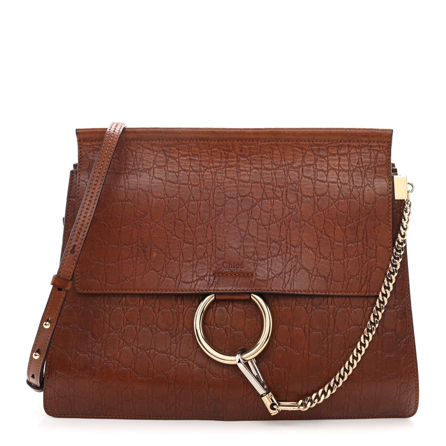 Chloe Calfskin Crocodile Embossed Medium Faye Shoulder Bag Mahogany 1 of 10
