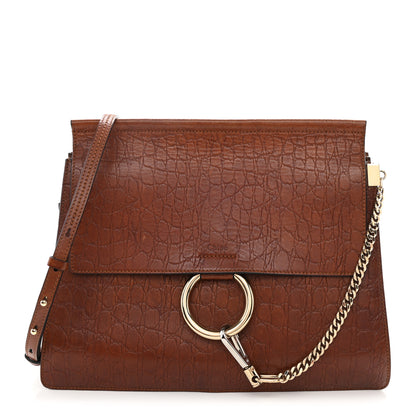 Chloe Calfskin Crocodile Embossed Medium Faye Shoulder Bag Mahogany 1 of 10