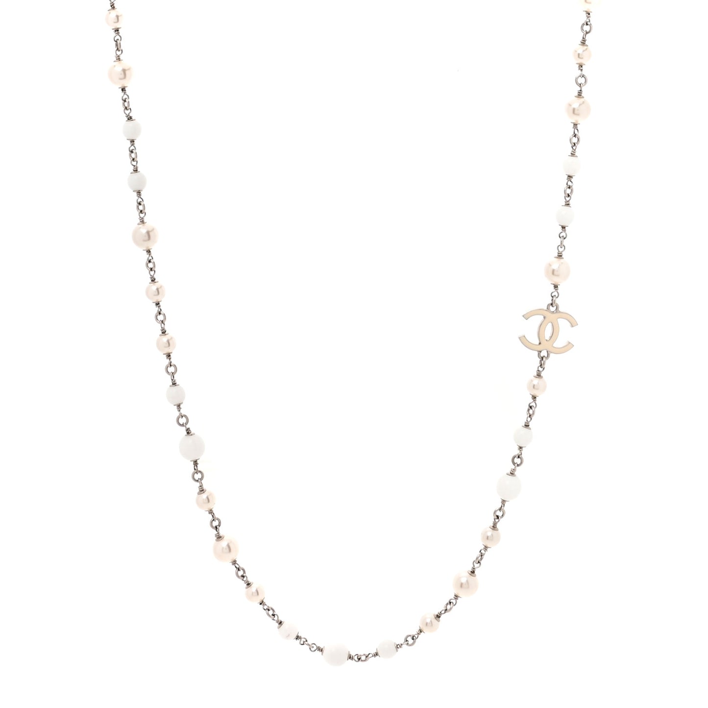 Pearl Enamel Bead CC Long Necklace Silver White