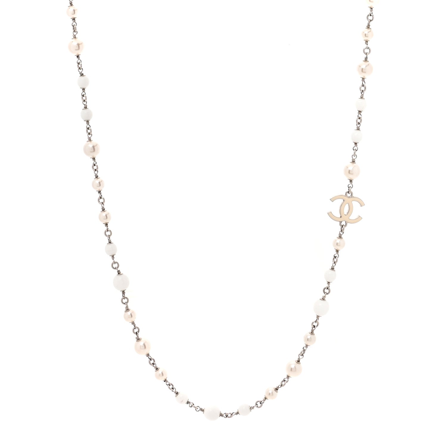 Chanel Pearl Enamel Bead CC Long Necklace Silver White 1 of 4