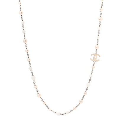 Chanel Pearl Enamel Bead CC Long Necklace Silver White 1 of 4