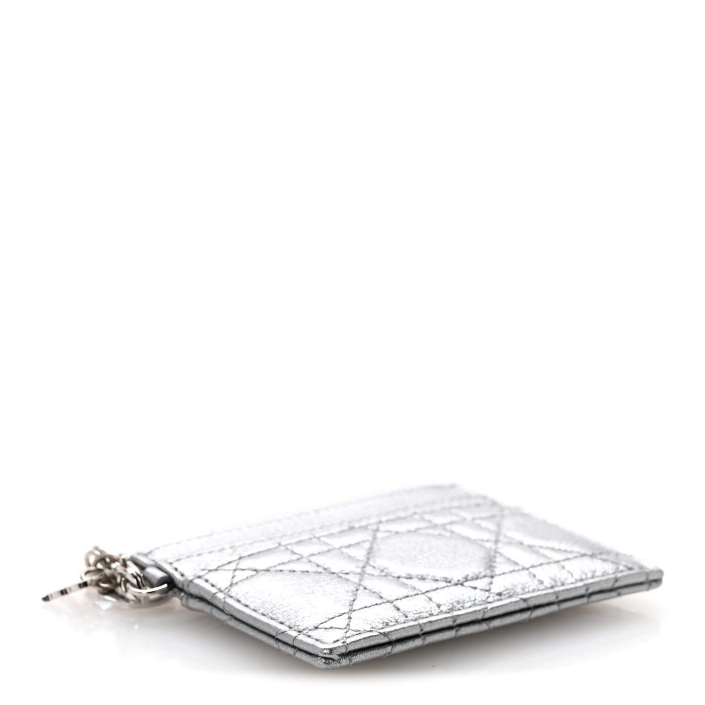 Metallic Calfskin Cannage Lady Dior Freesia Card Holder Acciaio Metal