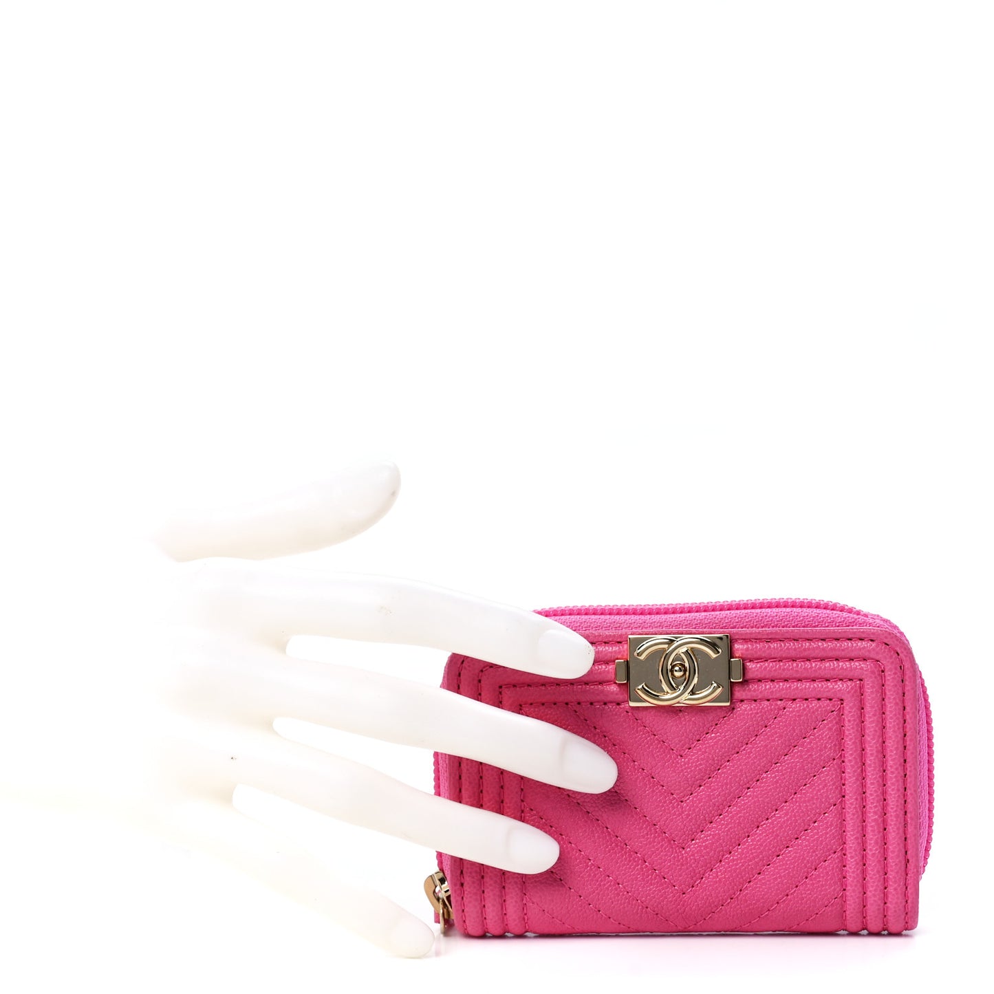 Caviar Chevron Quilted Boy Zip Around Coin Purse Wallet Pink