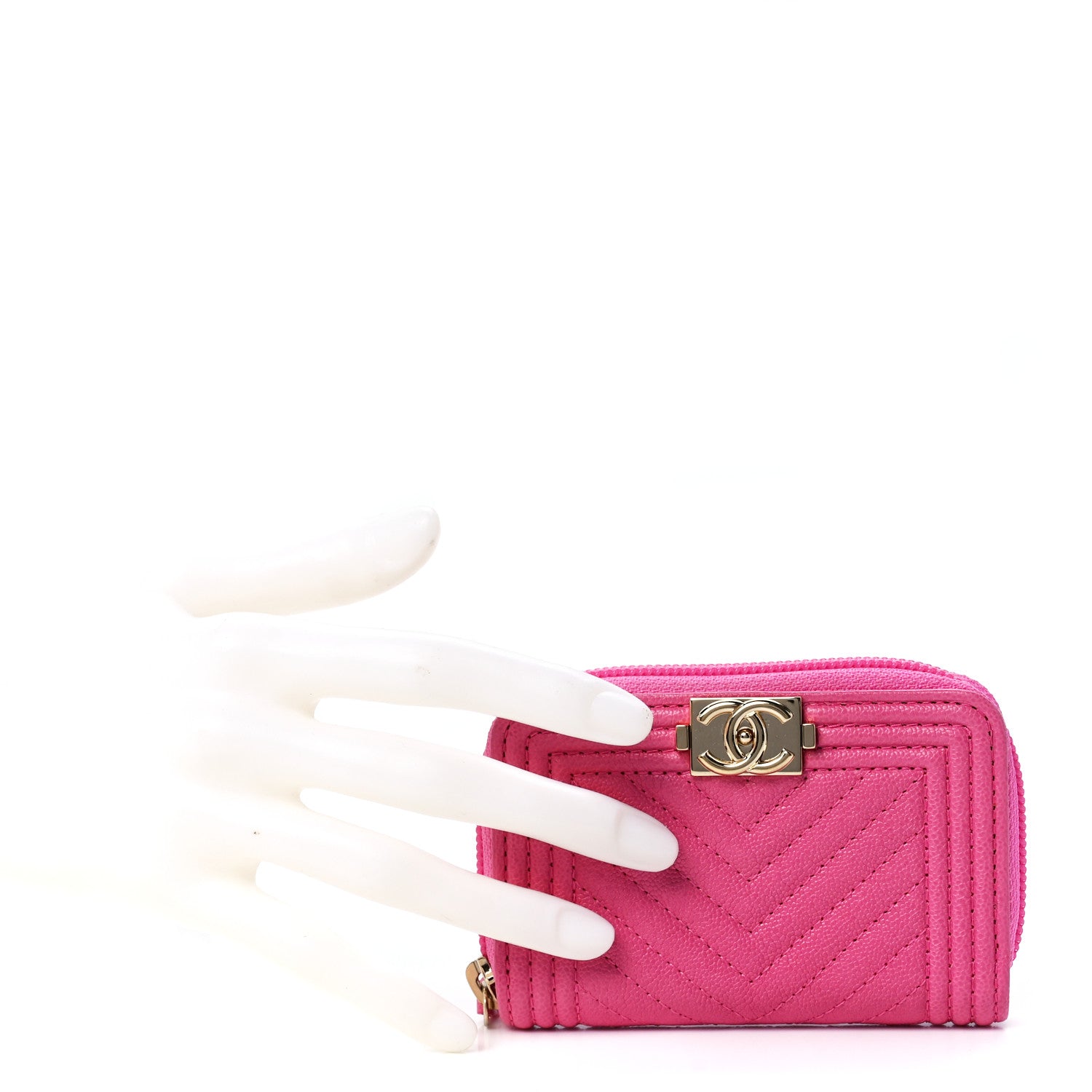 Chanel Caviar Chevron Quilted Boy Zip Around Coin Purse Wallet Pink 2 of 12