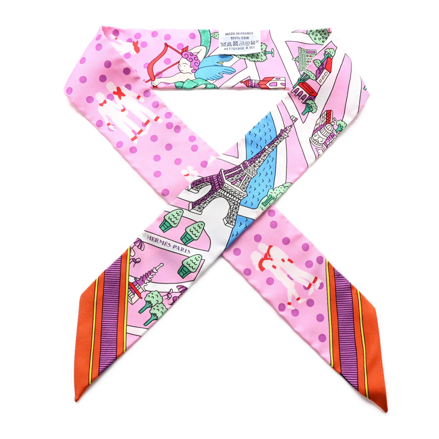 Hermes Silk Les Nouveaux Amoureux de Paris Twilly Rose Buvard White Vert 1 of 4