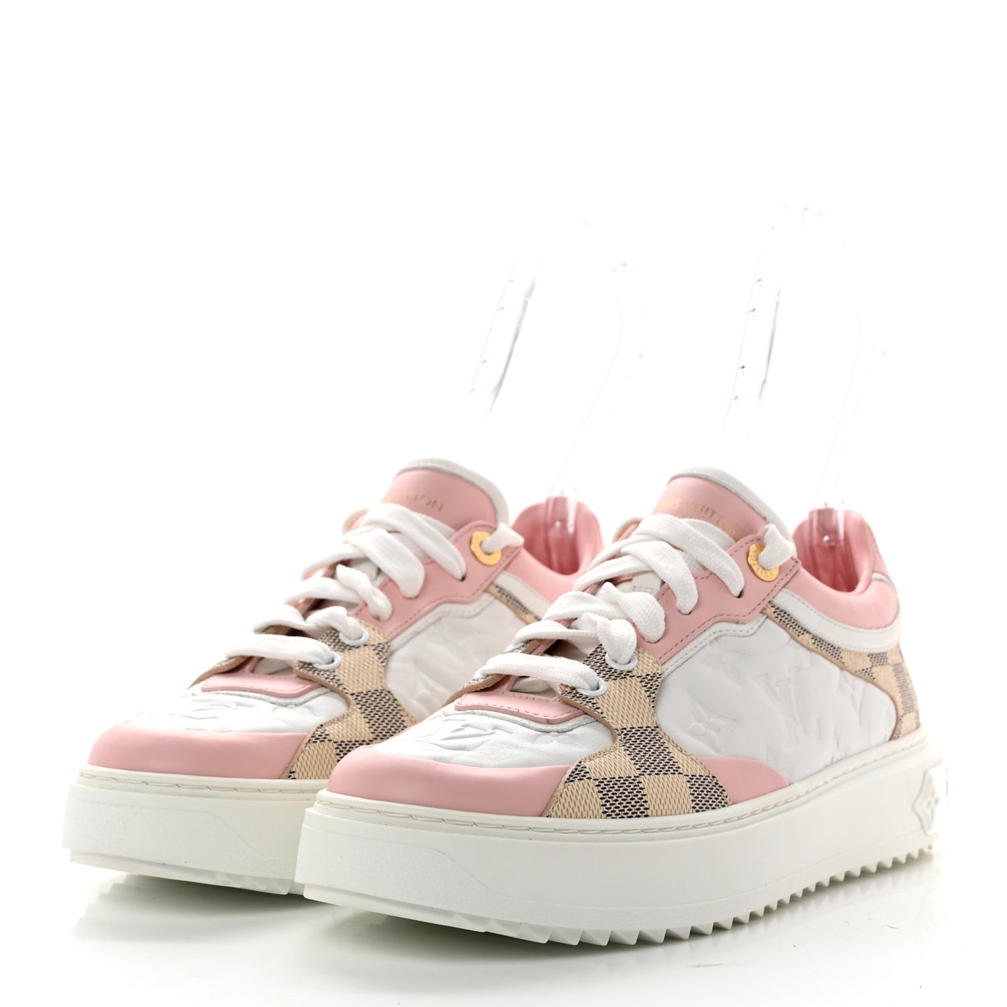 Monogram Embossed Calfskin Damier Azur Time Out Sneakers 38.5 Rose Clair Pink