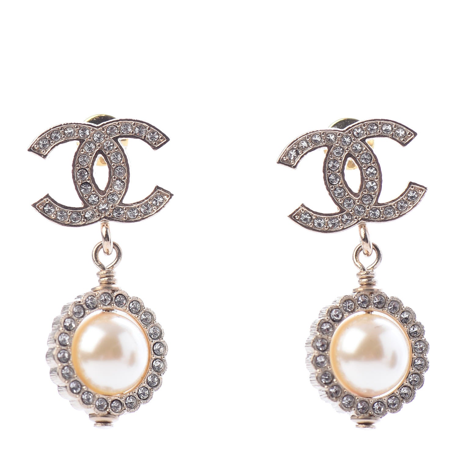 Chanel Crystal Pearl CC Drop Earrings Gold 1 of 5