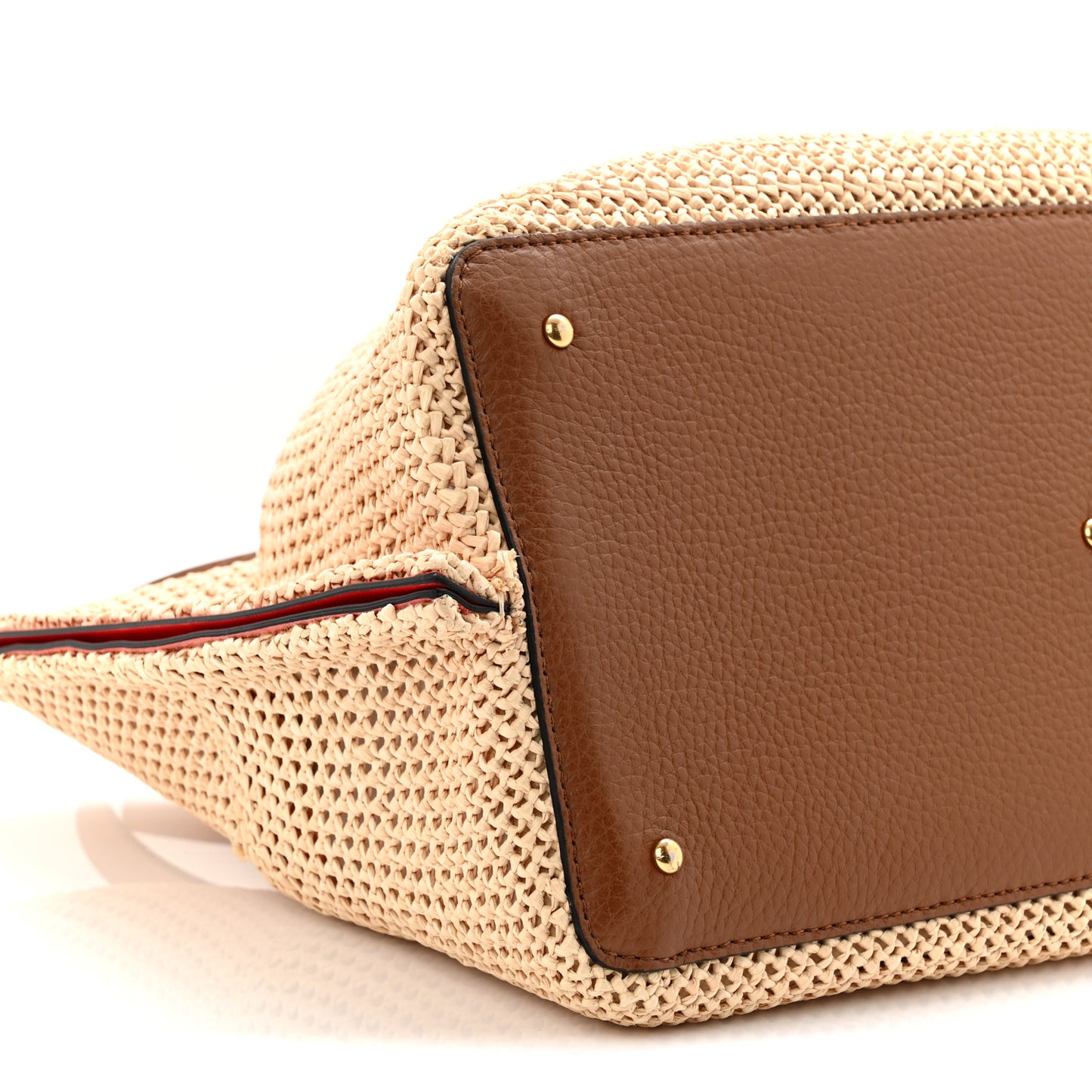 Raffia Grained Calfskin Medium Rockstud Vlogo Tote Naturale